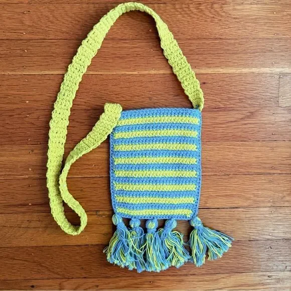 URBAN Outfitters Flower/Stripe Blue Yellow Mini Crochet Crossbody Cell Phone Bag - Picture 10 of 12